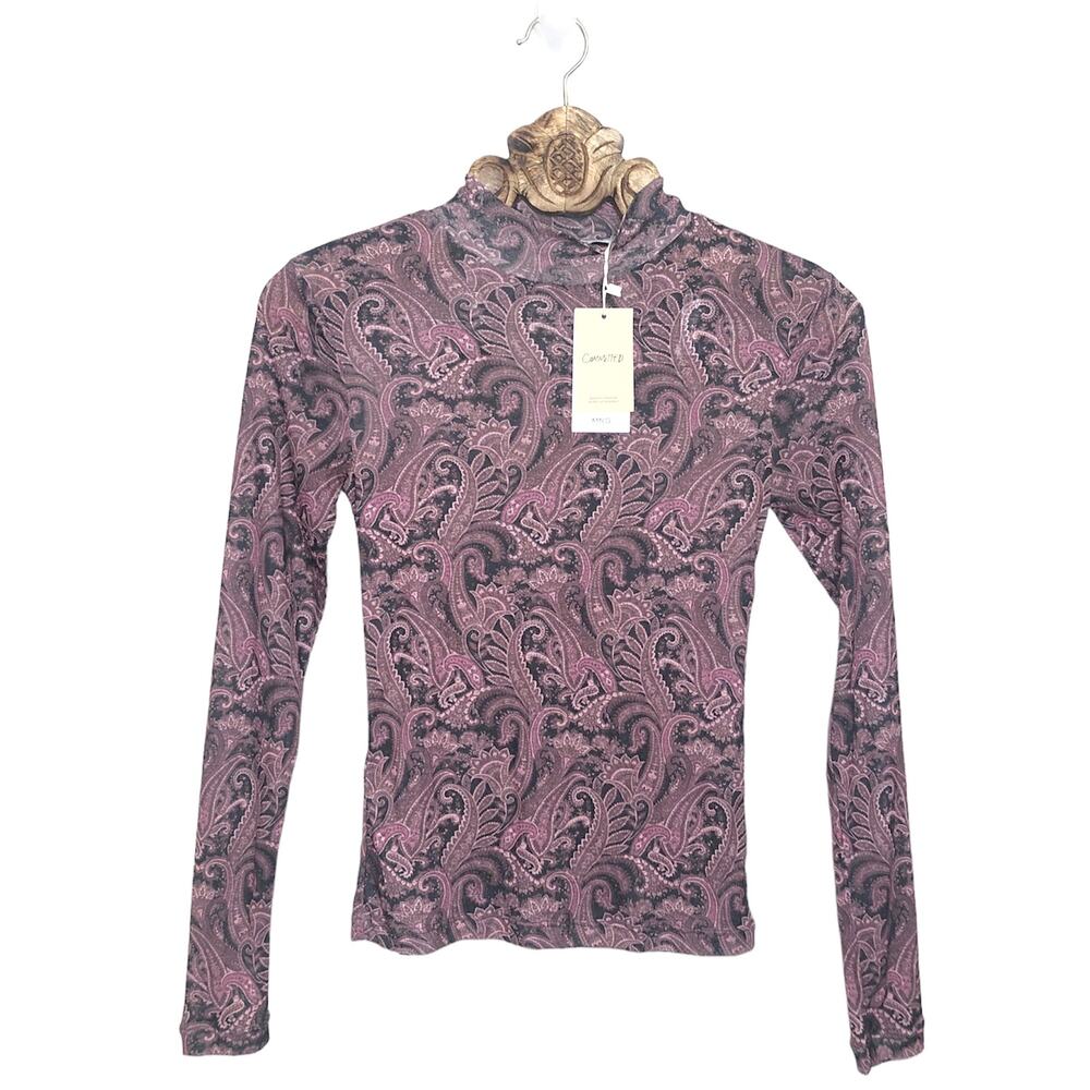 MNG Top Sheer Mock Neck Long Sleeve Purple Pink Paisley Patterned Small NEW